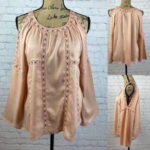 A&B Peach Cold Shoulder Lace Trim Flared Sleeve Top